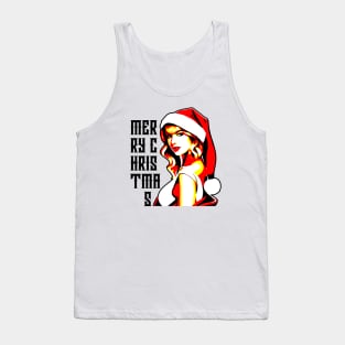 Beautiful Girl wear Santa Hat saying Merry Christmas Design Tank Top